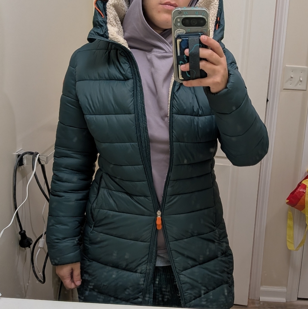 Save The Duck Puffer Long Jacket, Teal Blue Green Women's Winter Coat - Picture 2 of 16